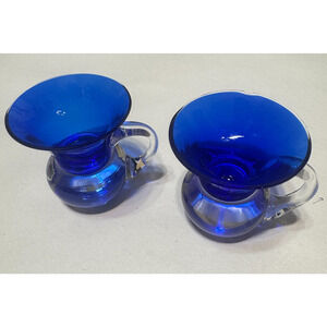 Pair of Vintage Cobalt Blue Art Glass Mugs Clear Handle Tiny Mini Pitchers Cups